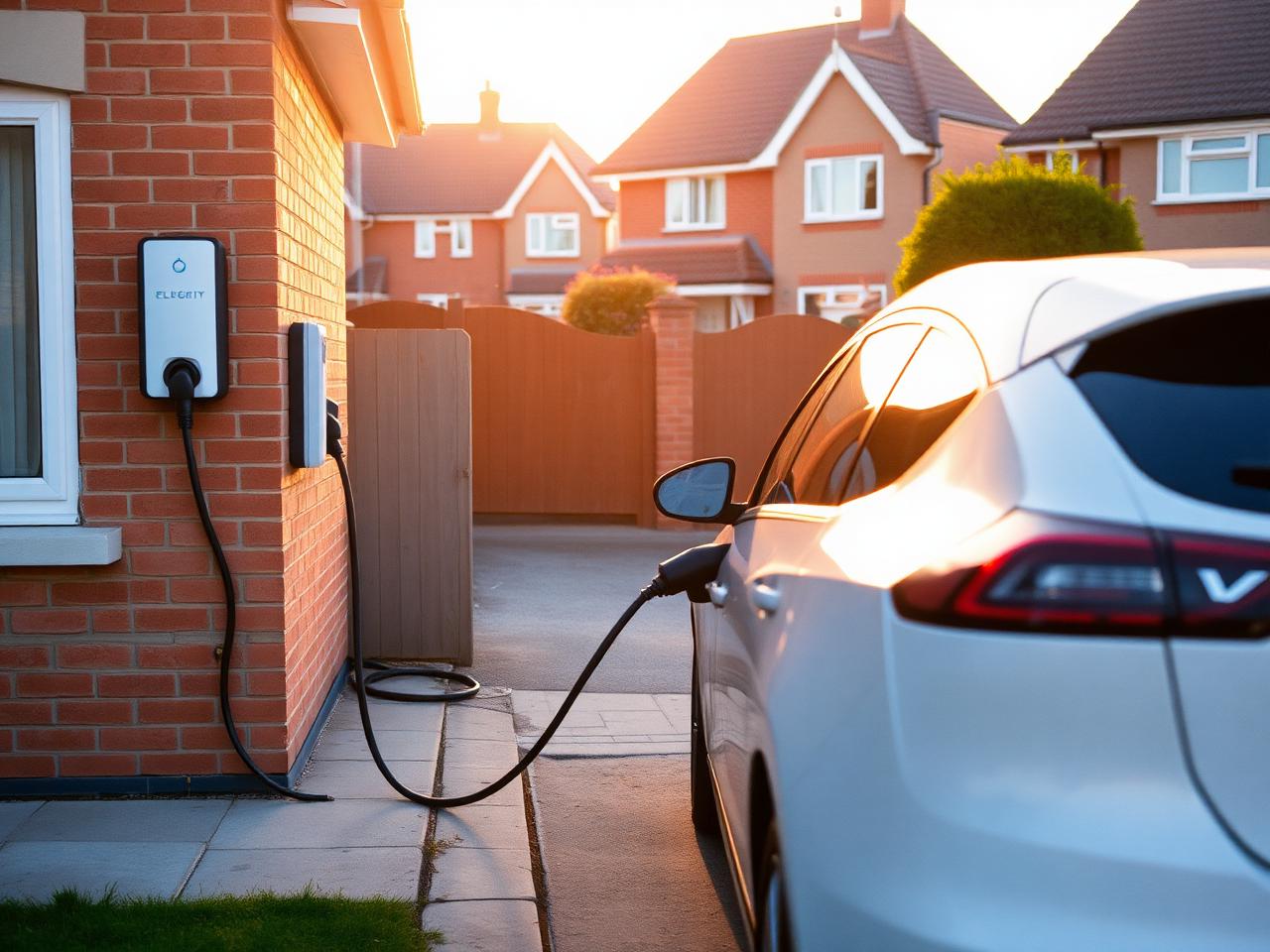 An electric car plugged into a wall-mounted home charge point on the driveway of a British house at golden hour