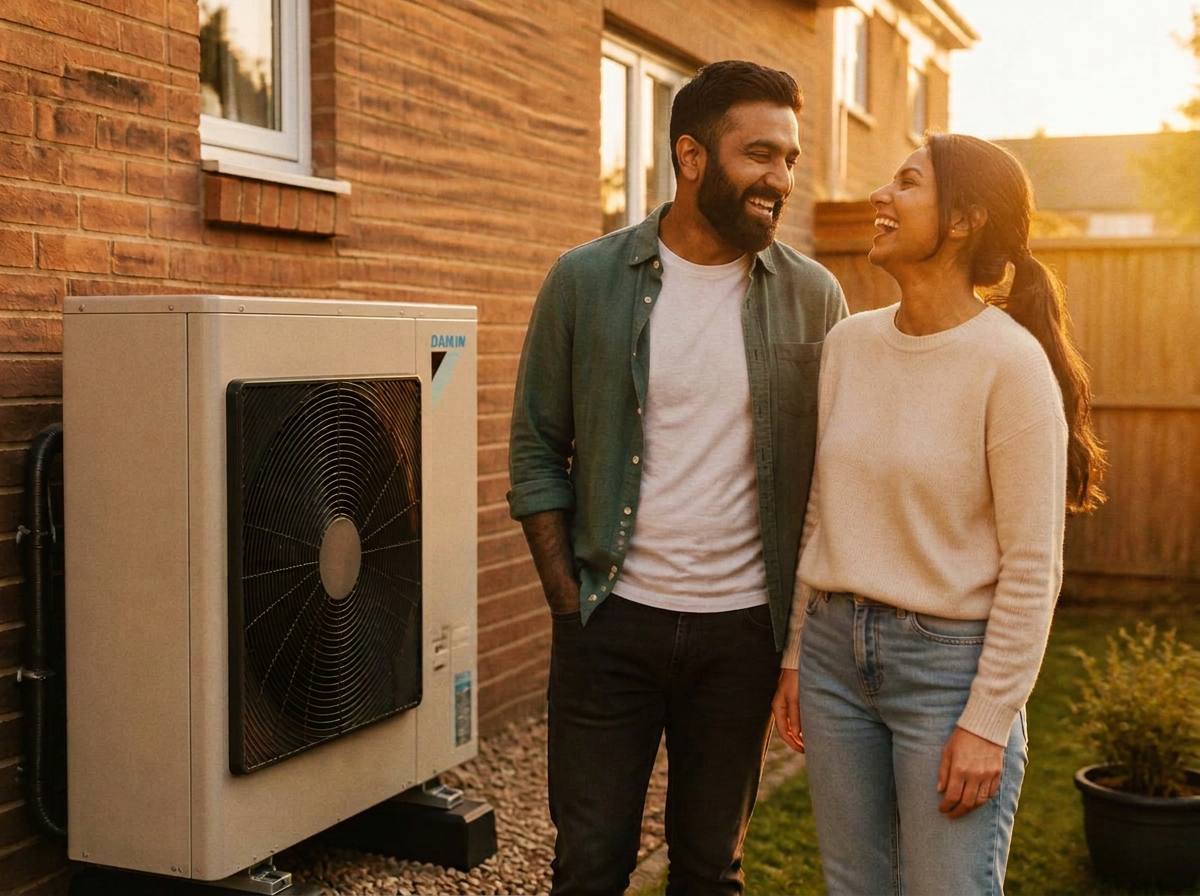 A family outside their home at golden hour with solar panels on the roof and a heat pump beside the wall