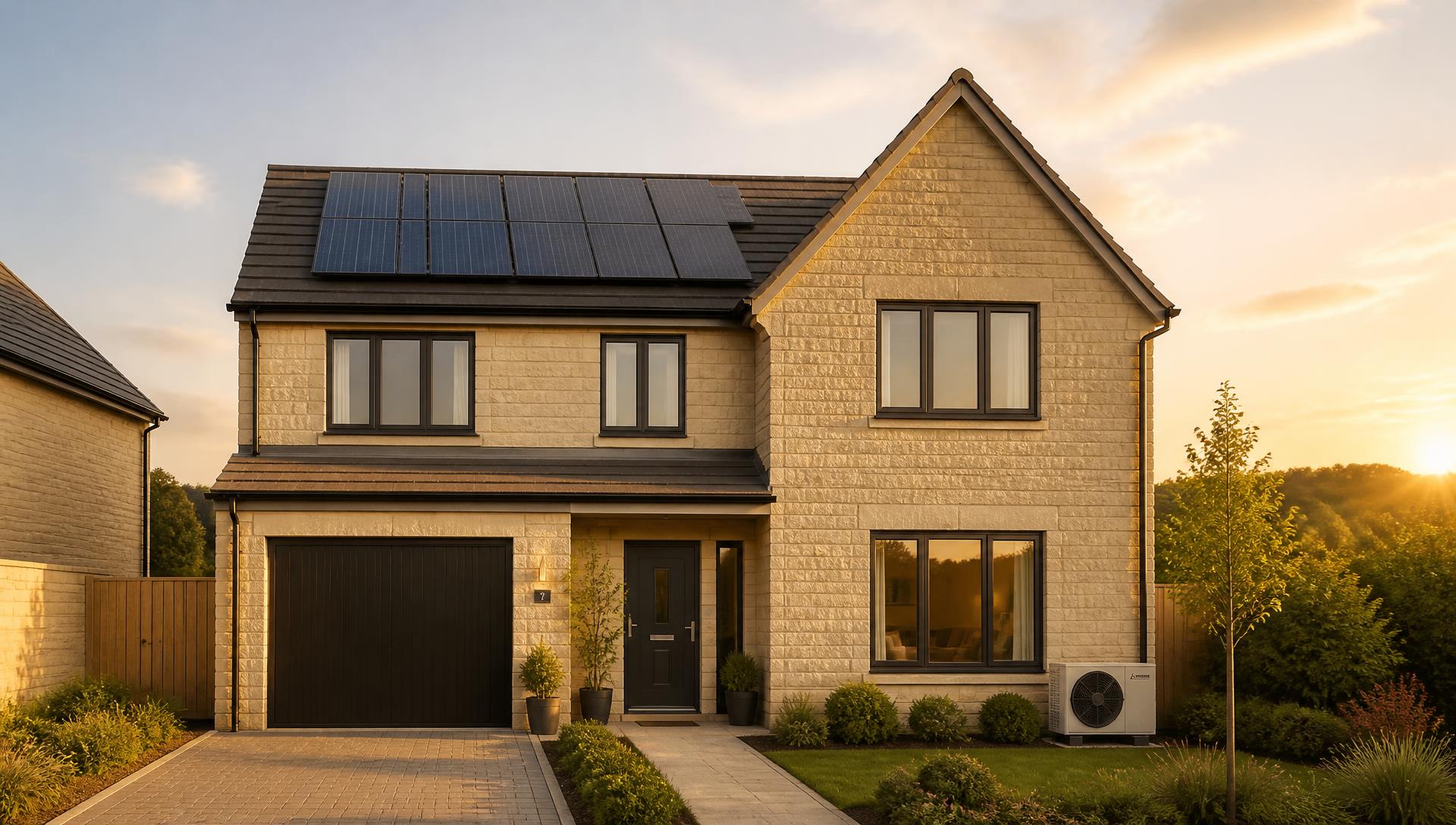 A bright modern British home in golden hour sunlight with rooftop solar panels and an air source heat pump
